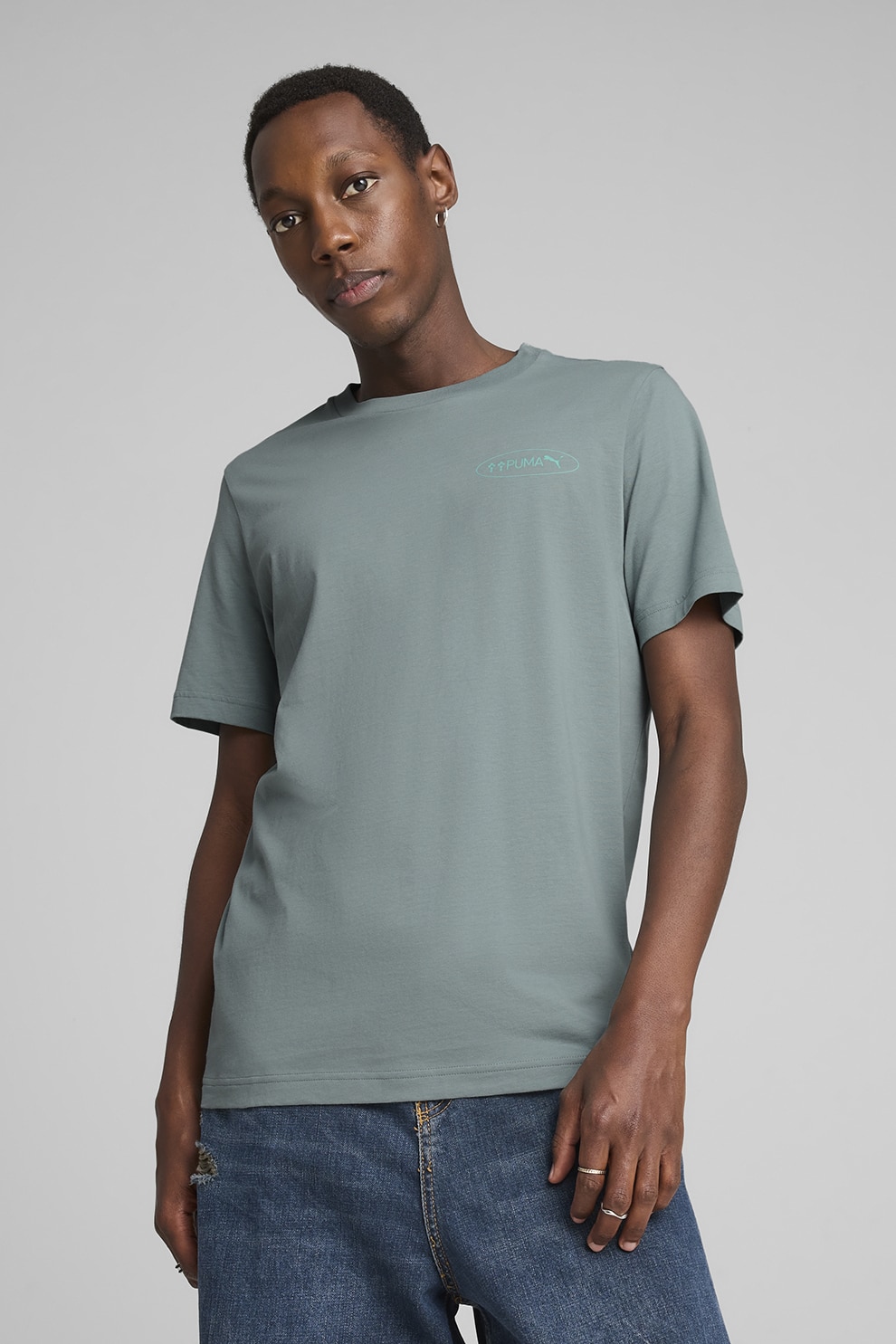 Puma, Tricou regular fit de bumbac cu model grafic, Turcoaz, Albastru deschis, Verde persan, XL