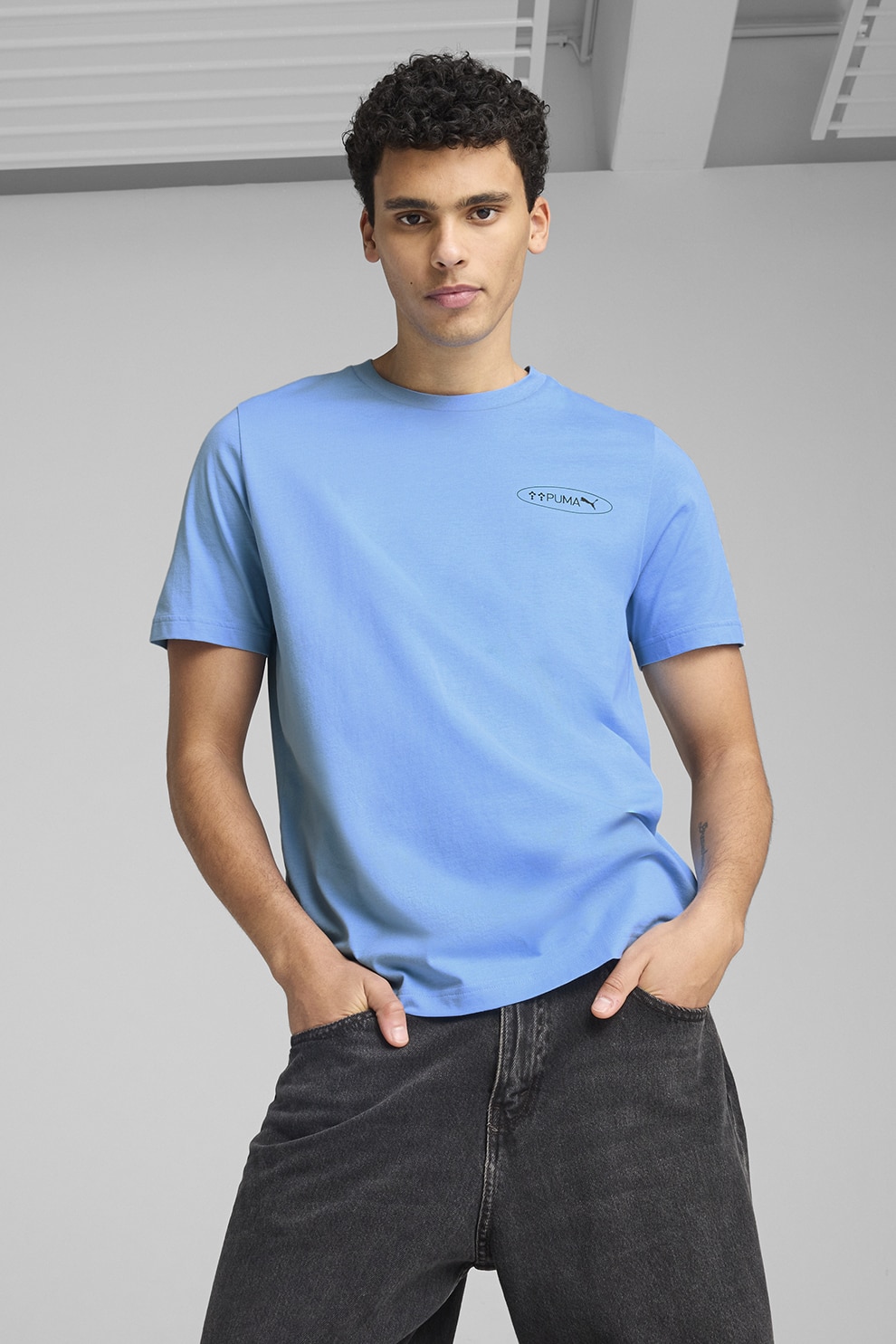 Puma, Tricou regular fit de bumbac cu model grafic, Alb, Albastru ultramarin, Albastru deschis, XL