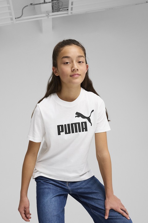 Puma, Tricou cu decolteu la baza gatului si imprimeu logo, Alb/Negru stins