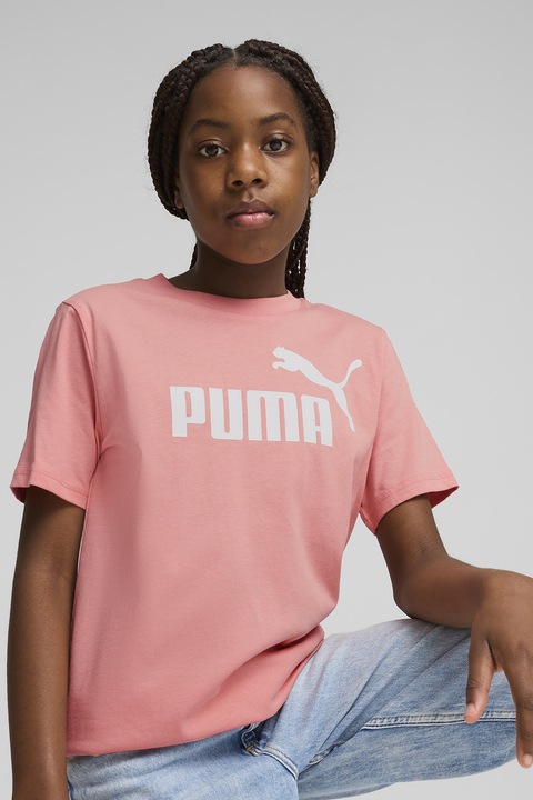 Puma, Tricou cu decolteu la baza gatului si imprimeu logo, Alb/Roz