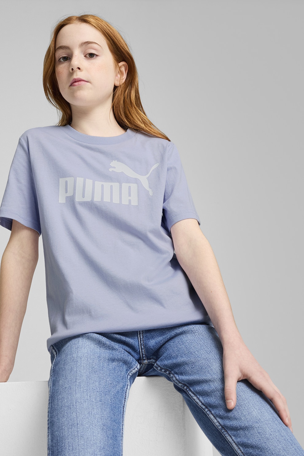 Puma, Tricou cu decolteu la baza gatului si imprimeu logo, Albastru pastel, Alb murdar, 128 CM