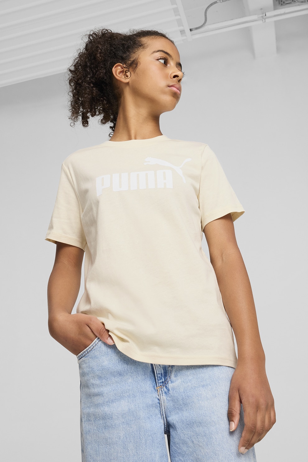 Puma, Tricou cu decolteu la baza gatului si imprimeu logo, Alb, Crem, 128 CM