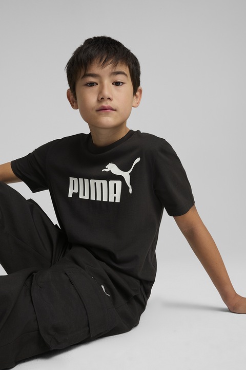 Puma, Tricou de bumbac cu decolteu la baza gatului si logo, Alb/Negru