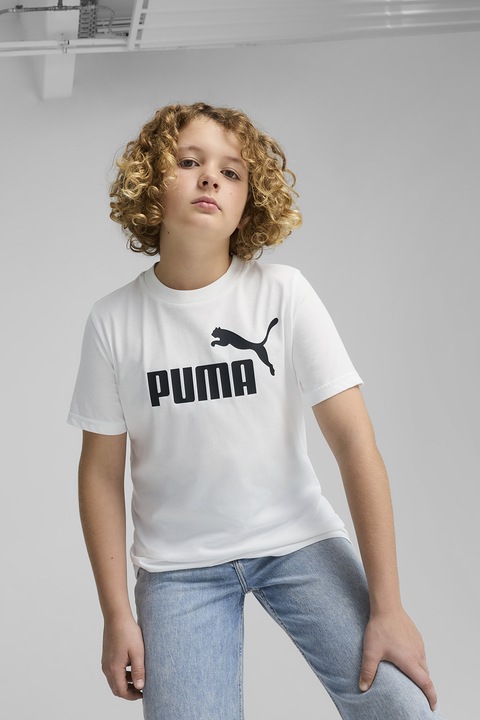 Puma, Tricou de bumbac cu decolteu la baza gatului si logo, Alb/Negru stins