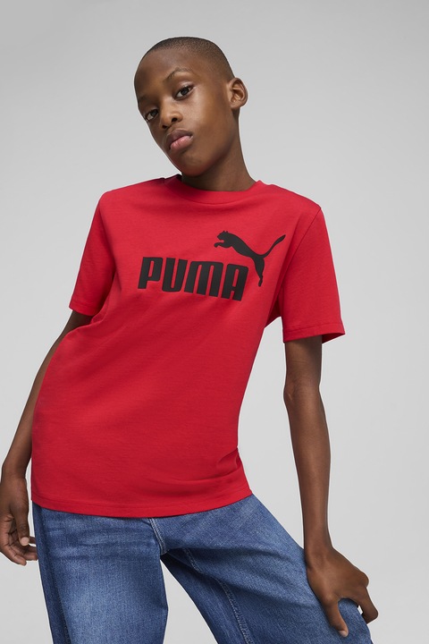 Puma, Tricou de bumbac cu decolteu la baza gatului si logo, Rosu/Negru