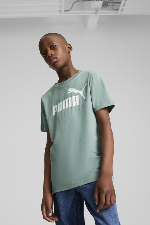 Puma, Tricou de bumbac cu decolteu la baza gatului si logo, Alb/Verde persan