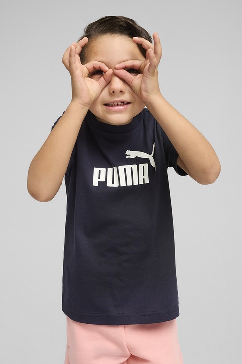 Puma, Тениска с овално деколте и лого, Бял/Ултрамарин синьо