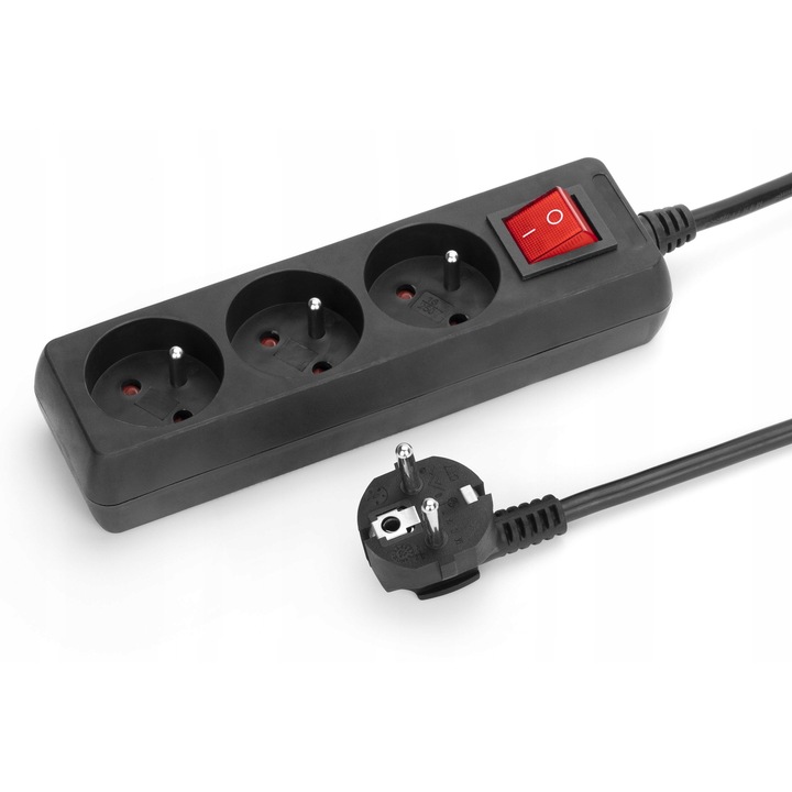 Set Prelungitor De Retea 3 Prize 5M Cu Comutator, Montis, Mt118B-5, Sticla, Clasa De Protectie Ip20, Curent Maxim 16A, Sectiune Conductor 3 X 1mm, 5 M, Negru, 3 Buc