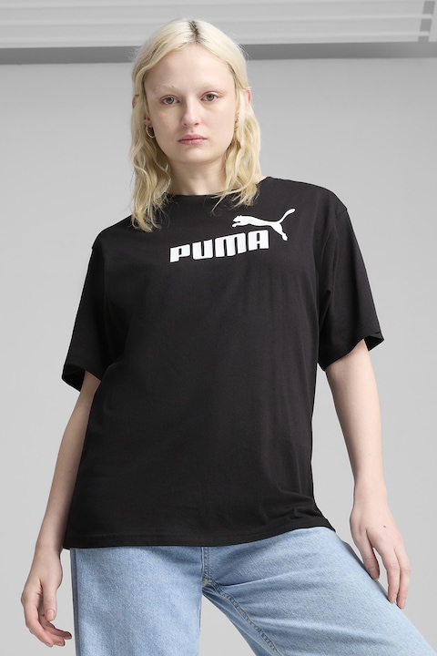 Puma, Tricou cu imprimeu logo si maneci cazute, Alb/Negru
