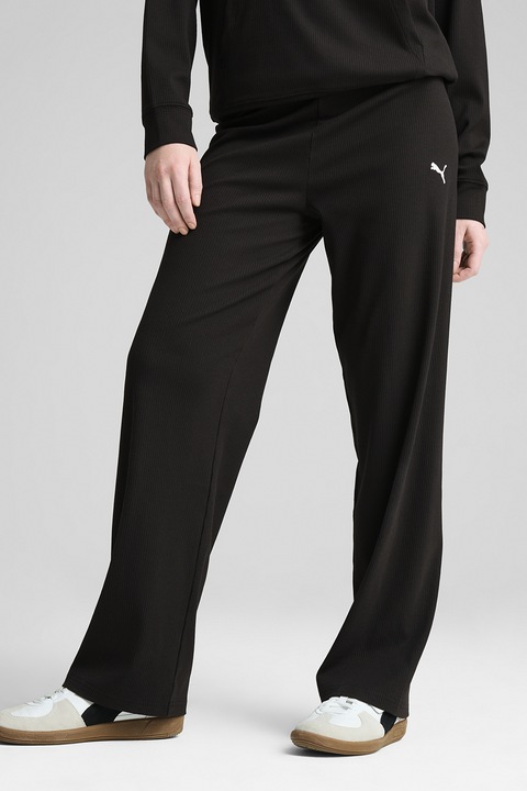Puma, Спортен панталон с широк крачол и лого, Черен