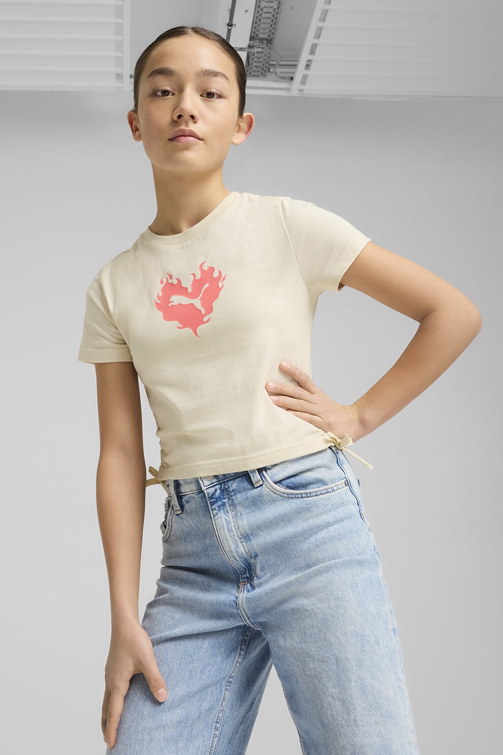 Puma, Tricou crop cu imprimeu logo, Crem, 164 CM