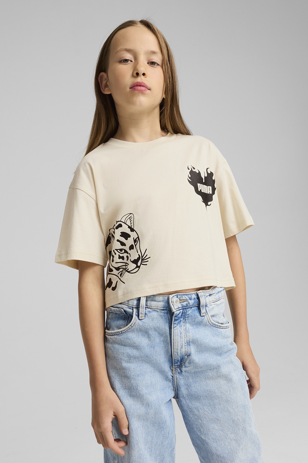 Puma, Tricou crop cu logo, Negru, Crem, 176 CM