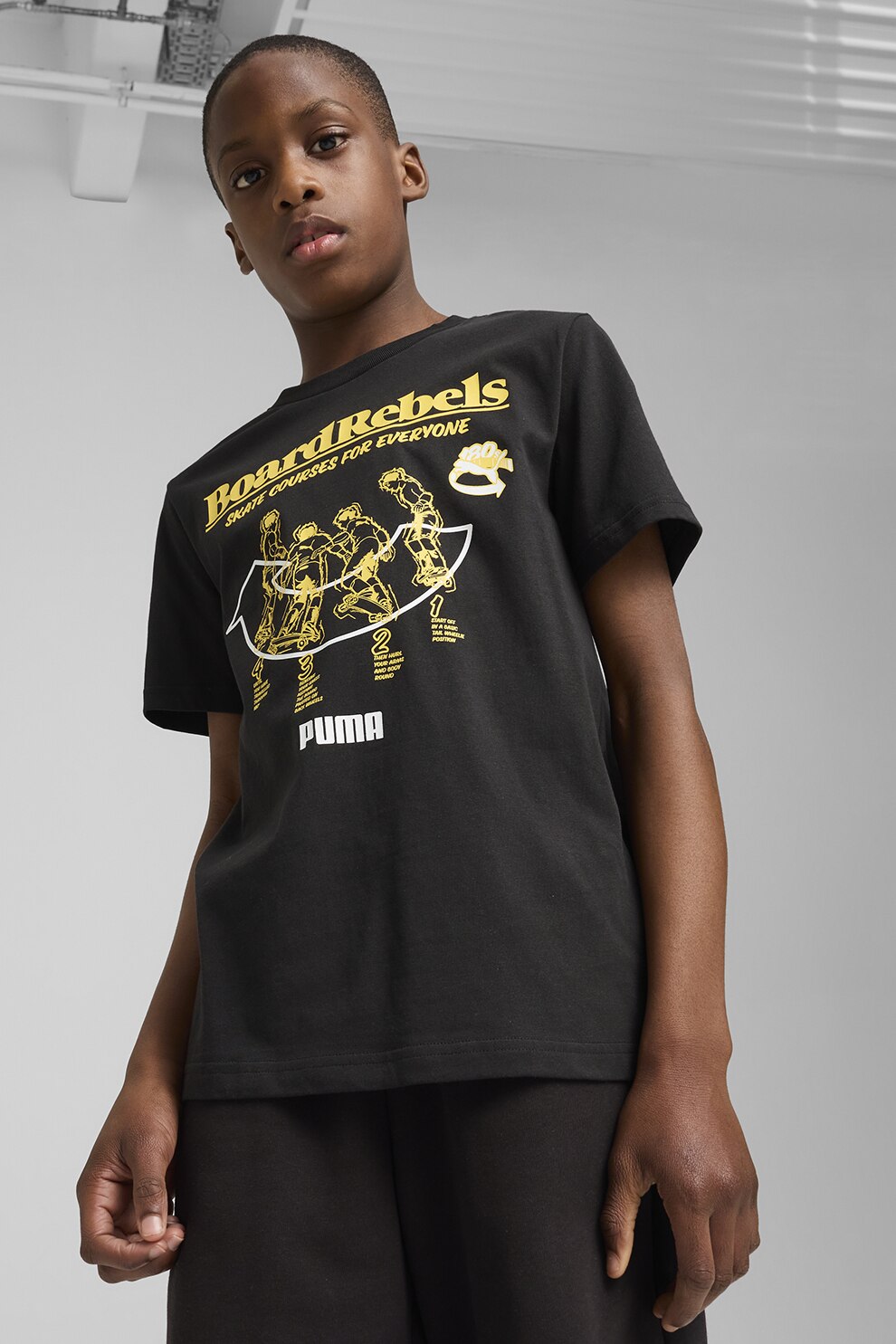 Puma, Tricou din bumbac cu imprimeu cu skateboarding Mid 90s, Negru, Galben, 140 CM