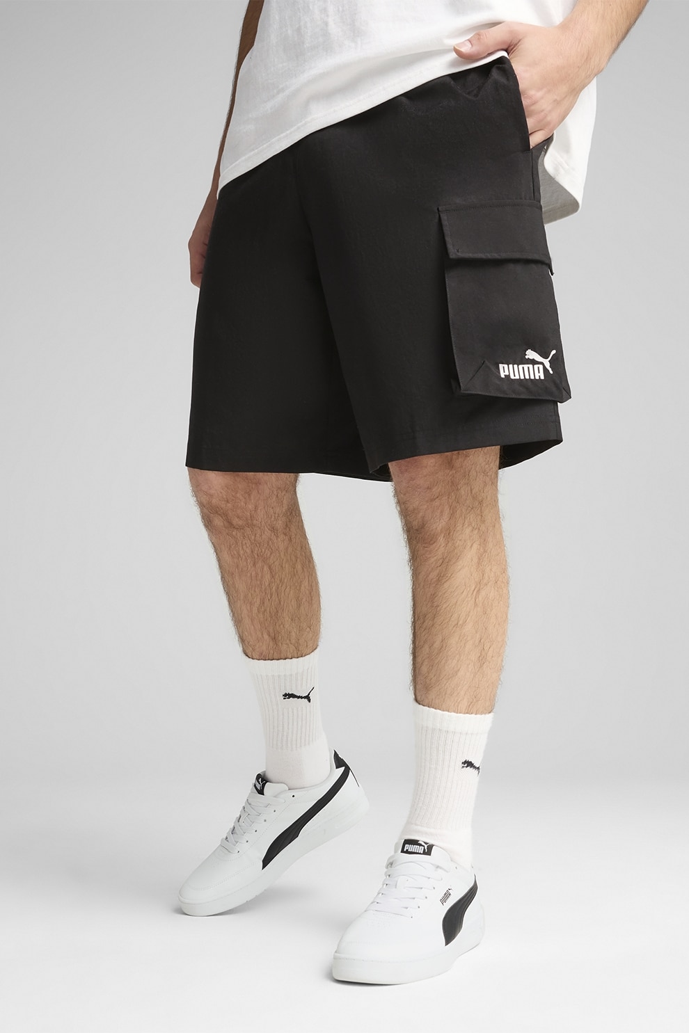 Puma, Pantaloni scurti cu buzunare si logo, Negru, M