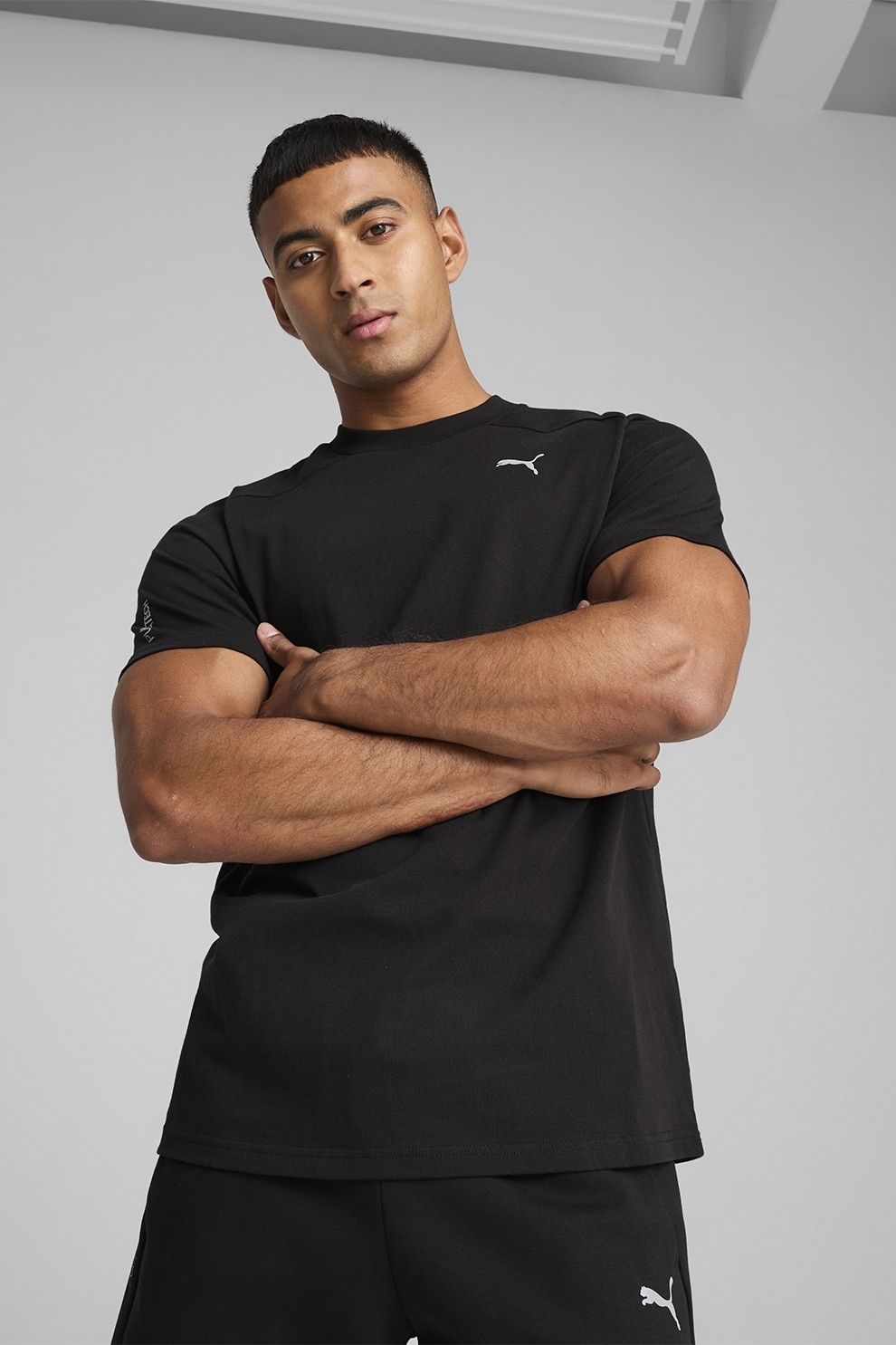 Puma, Tricou regular fit din bumbac cu decolteu la baza gatului, Negru, M