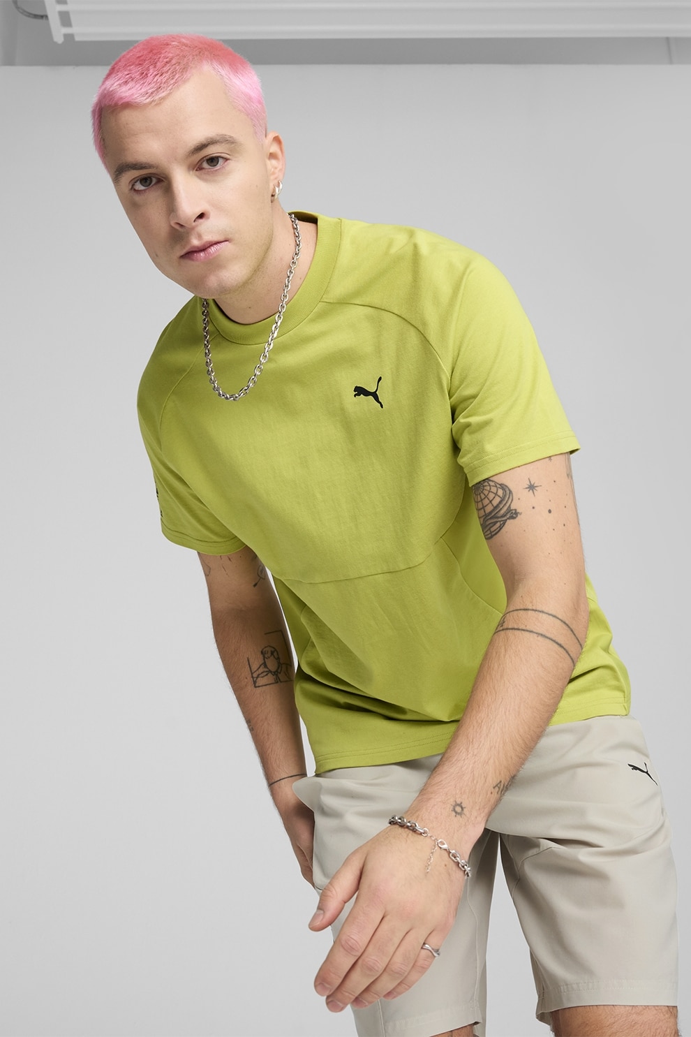 Puma, Tricou lejer din bumbac cu decolteu la baza gatului, Verde fistic, S