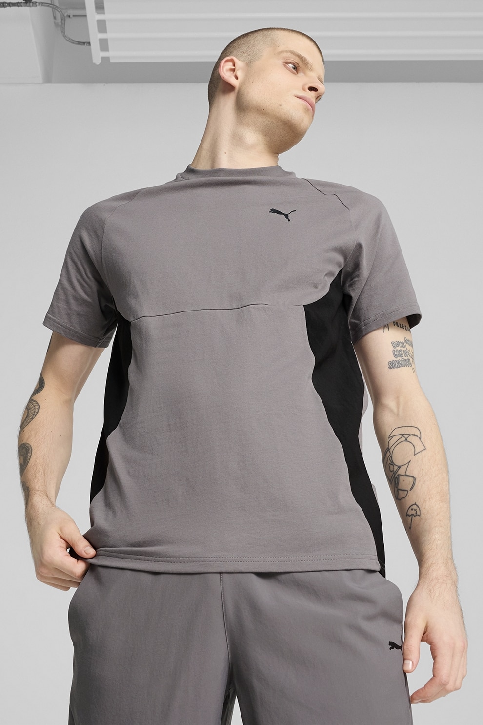 Puma, Tricou lejer din bumbac cu decolteu la baza gatului, Gri carbune, XL