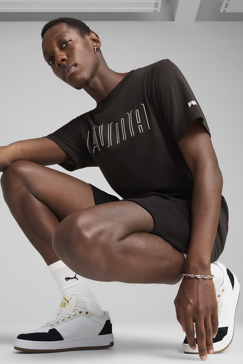 Puma, Tricou din bumbac cu imprimeu logo, Negru, S