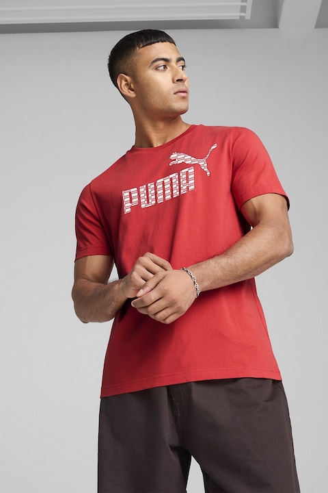 Puma, Tricou din bumbac cu decolteu la baza gatului si logo, Rosu, S