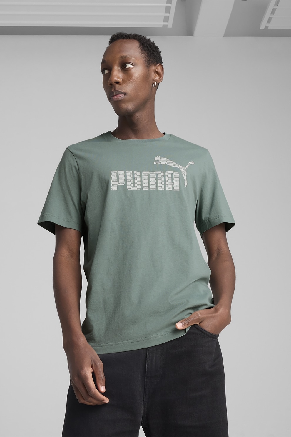 Puma, Tricou din bumbac cu decolteu la baza gatului si logo, Verde deschis, L