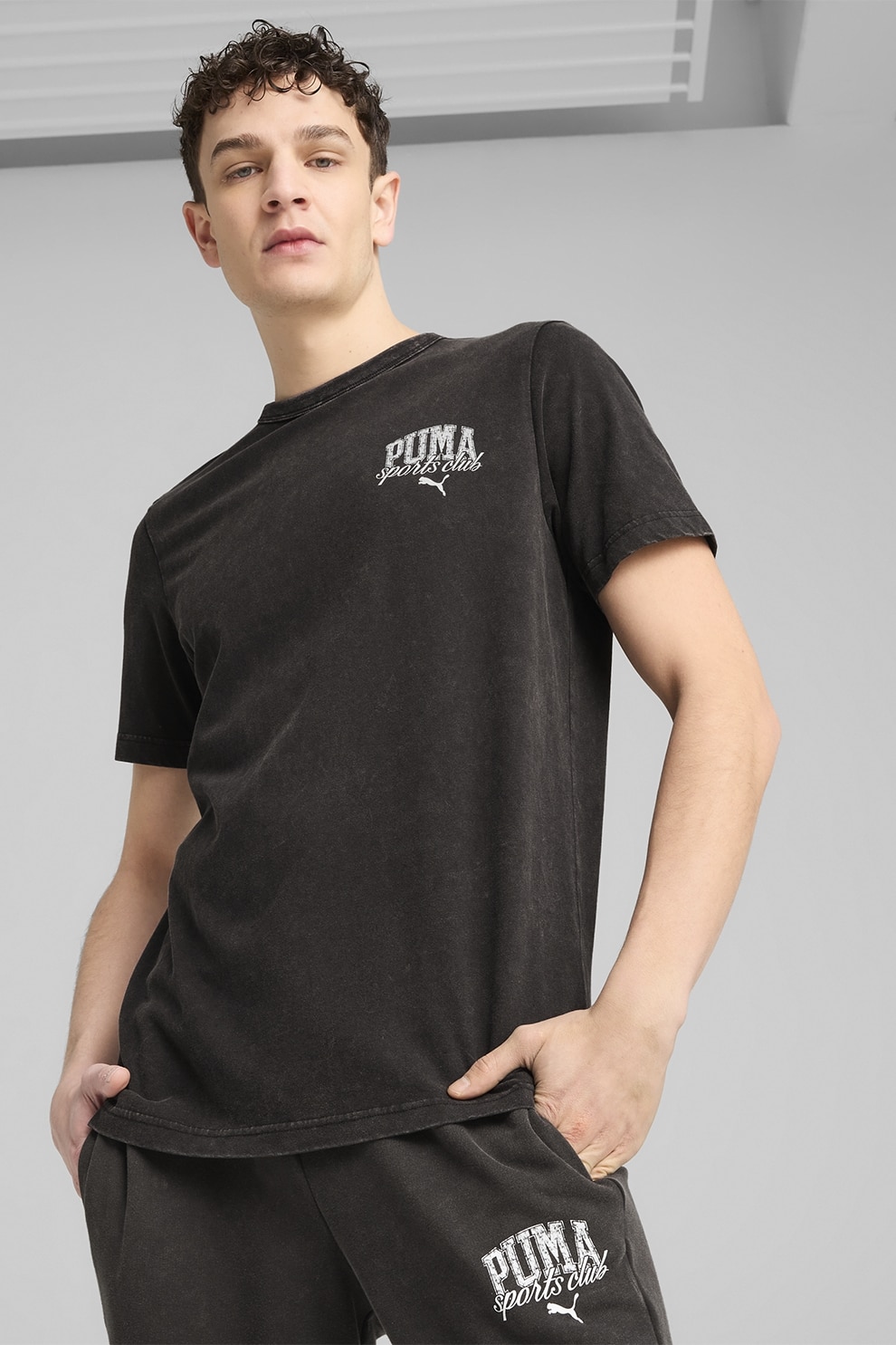 Puma, Tricou din bumbac cu decolteu la baza gatului, Negru, L