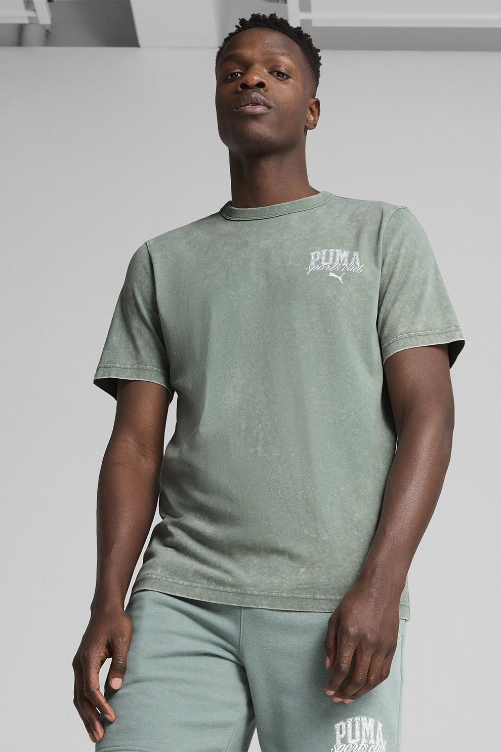 Puma, Tricou din bumbac cu decolteu la baza gatului, Verde deschis, S