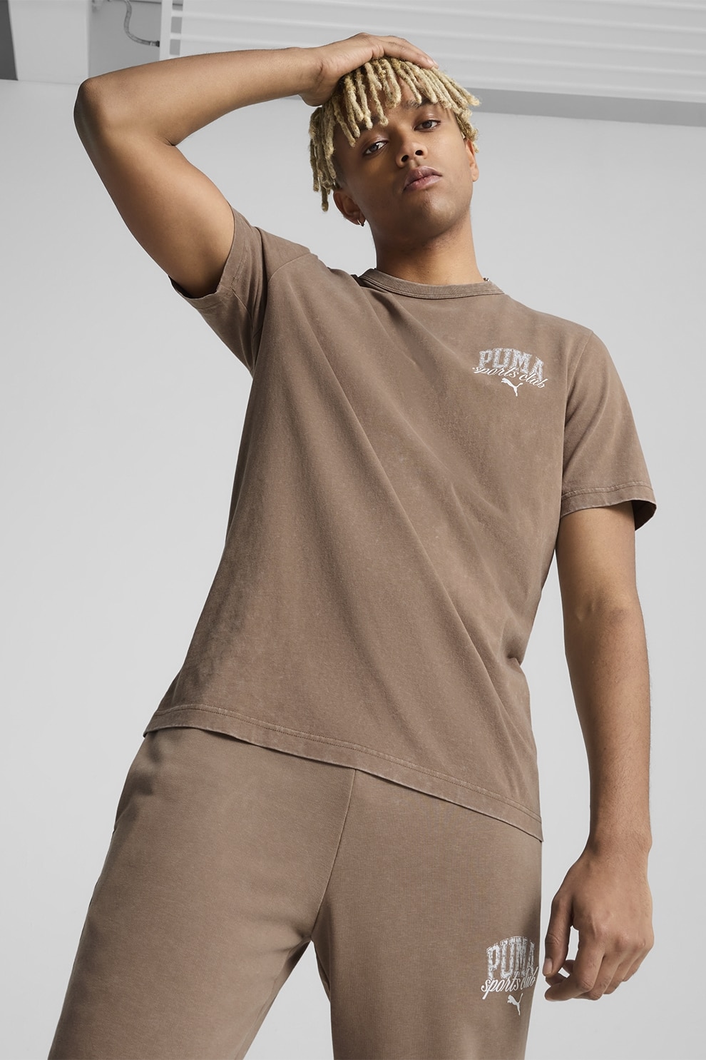 Puma, Tricou din bumbac cu decolteu la baza gatului, Maro deschis, S