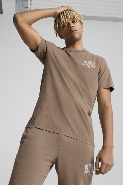 Puma, Tricou din bumbac cu decolteu la baza gatului, Maro deschis