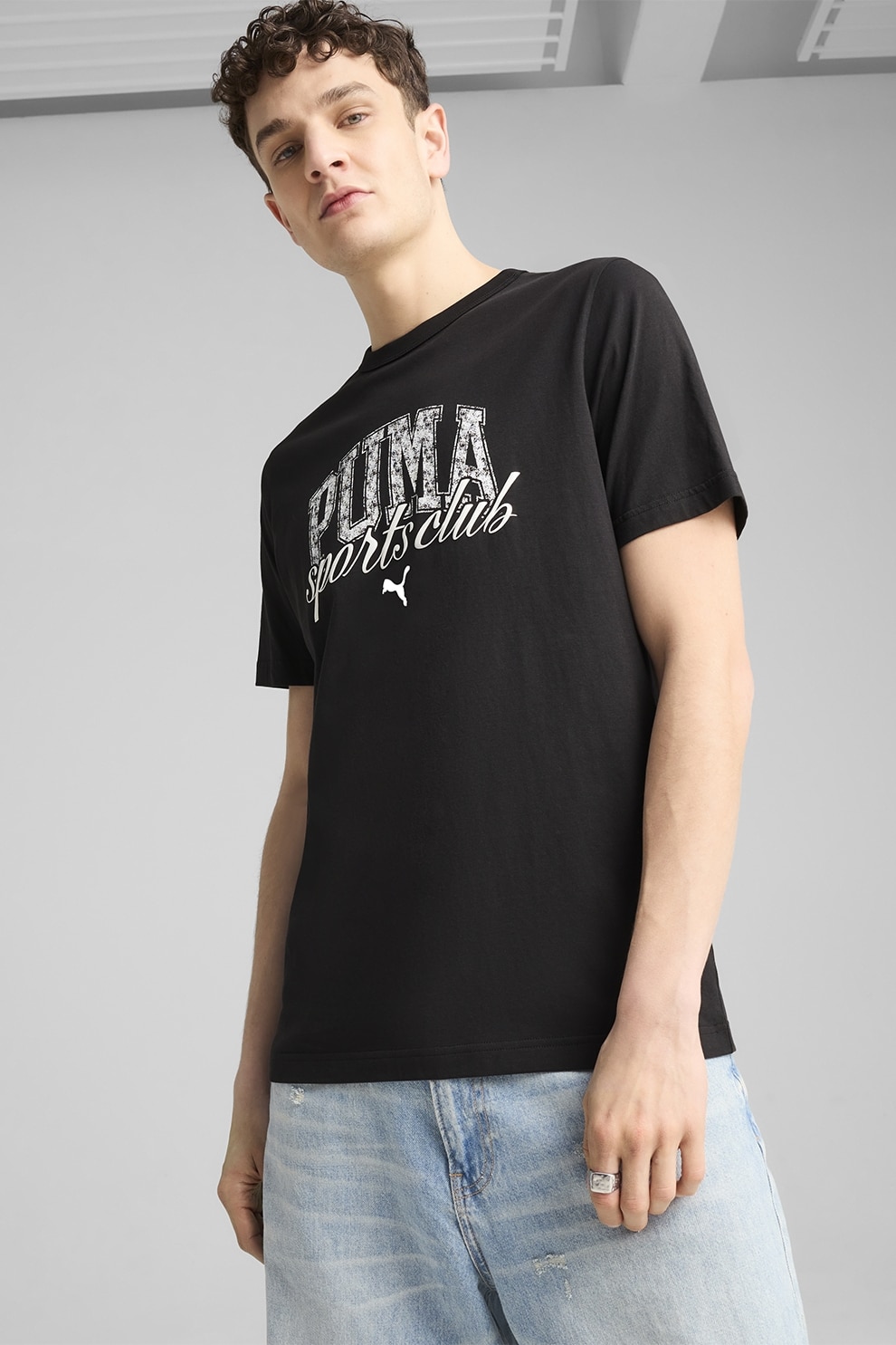 Puma, Tricou cu decolteu la baza gatului si imprimeu logo, Negru, XL