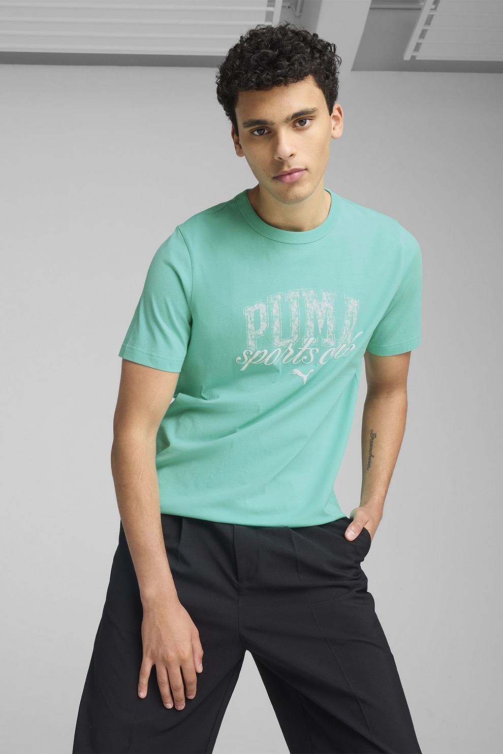 Puma, Tricou cu decolteu la baza gatului si imprimeu logo, Turcoaz, L
