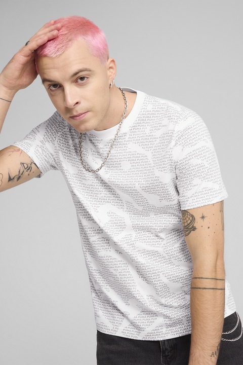 Puma, Tricou din bumbac cu decolteu la baza gatului, Alb/Gri deschis