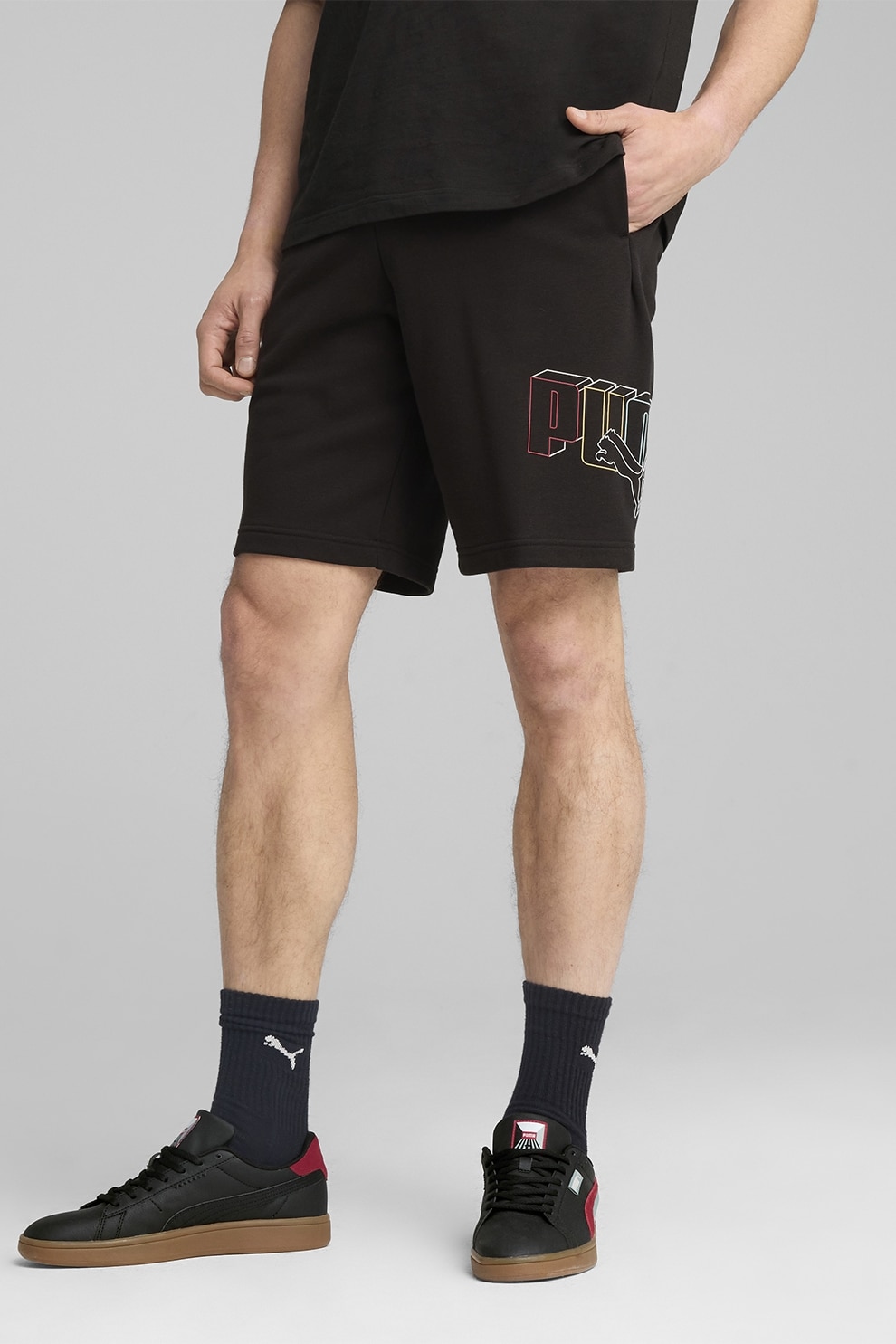 Puma, Pantaloni scurti din amestec de bumbac cu logo, Negru, M