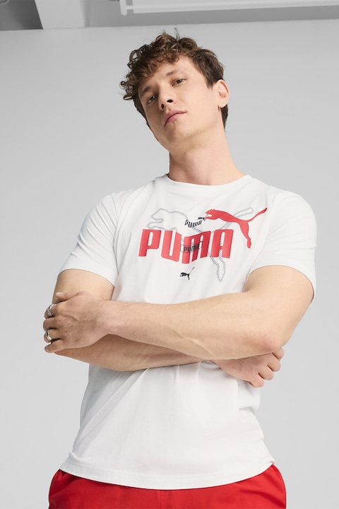 Puma, Tricou cu decolteu la baza gatului si imprimeu logo, Alb