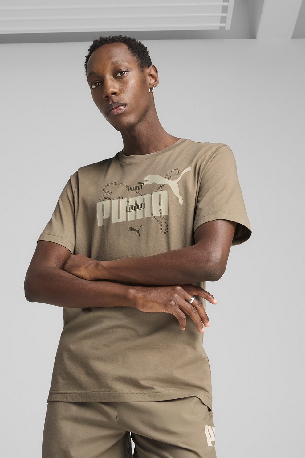 Puma, Tricou cu decolteu la baza gatului si imprimeu logo, Maro deschis, XL