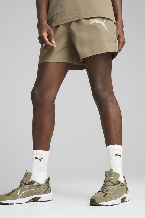 Puma, Pantaloni scurti cu talie medie si detaliu logo, Maro deschis