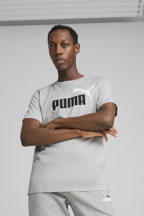 Puma, Тениска Essentials 2 с овално деколте и лого, Бял/Черен/Сив меланж