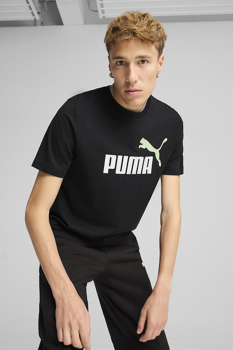 Puma, Tricou cu decolteu la baza gatului si logo, Alb/Negru stins/Verde persan