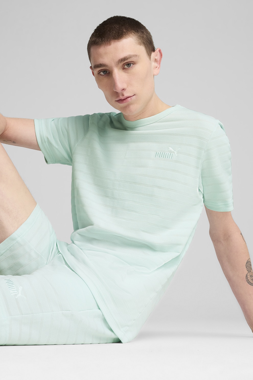 Puma, Tricou din amestec de bumbac cu logo brodat, Albastru aquamarin, M