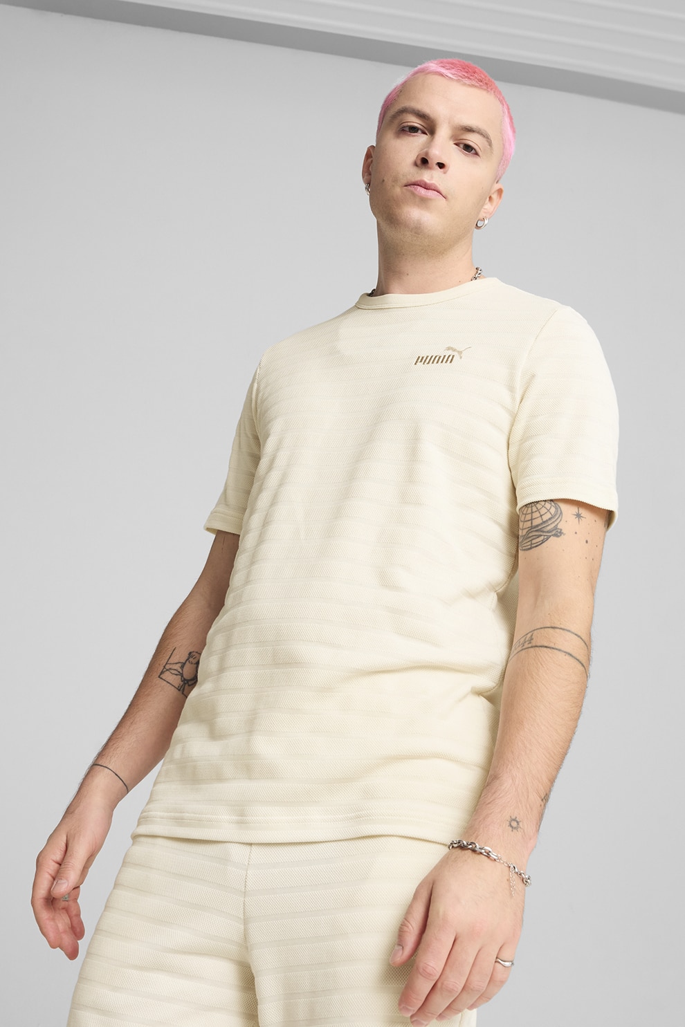 Puma, Tricou din amestec de bumbac cu logo brodat, Bej deschis, M