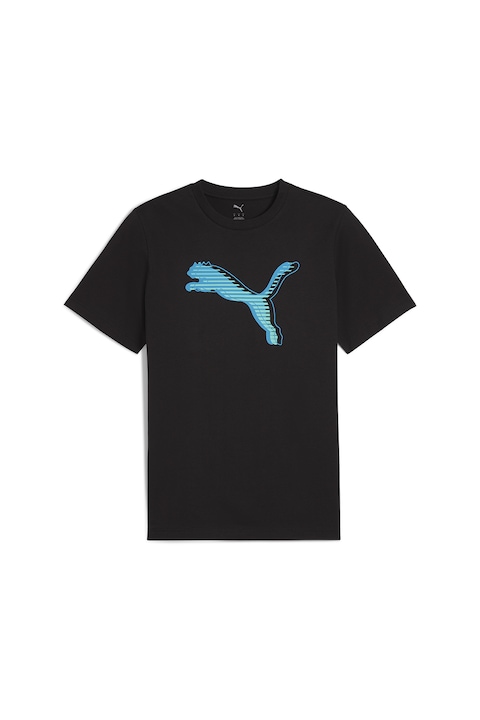 Puma, Tricou cu imprimeu logo si decolteu la baza gatului, Negru stins/Albastru deschis