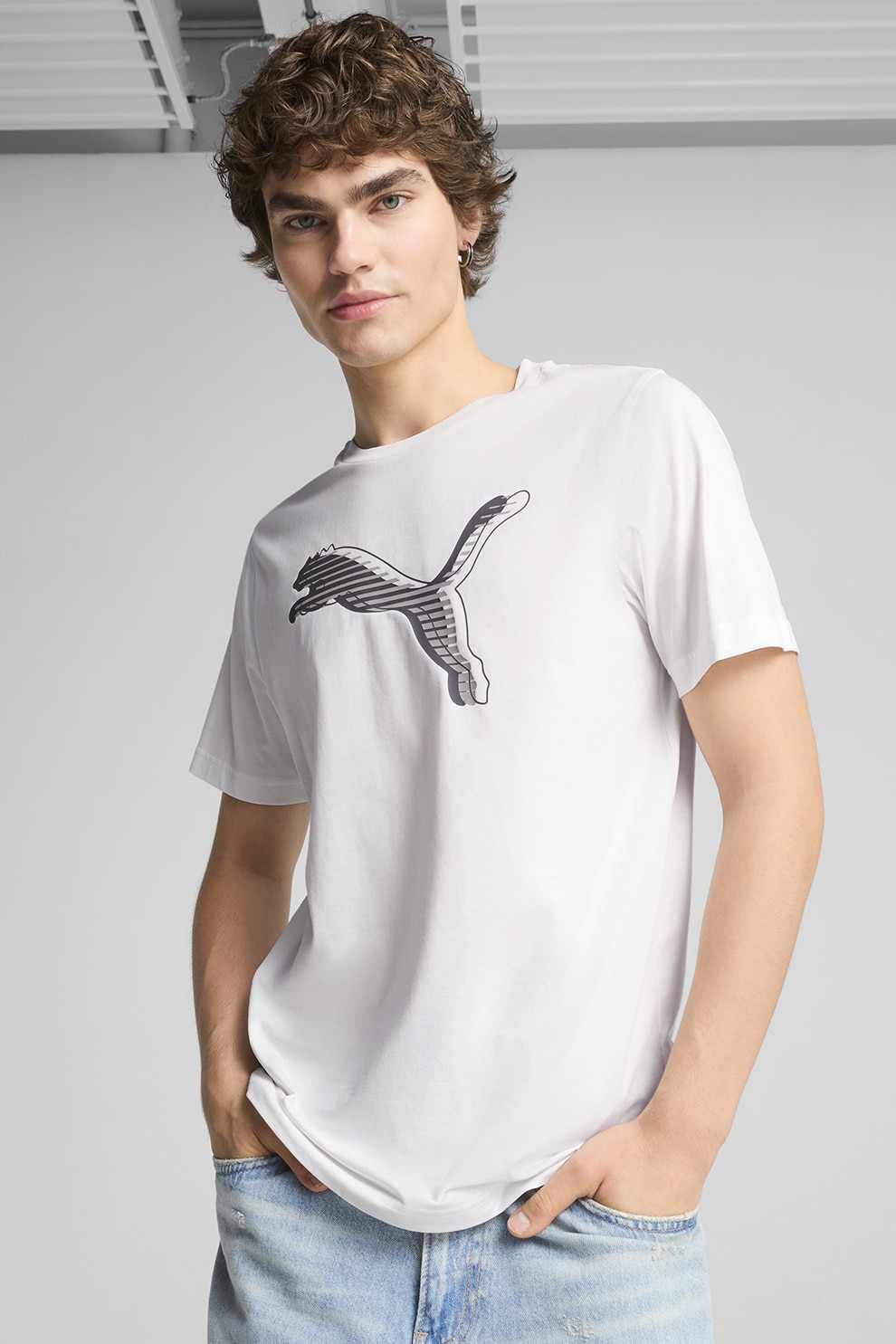 Puma, Tricou cu imprimeu logo si decolteu la baza gatului, Alb, Negru, Gri inchis, 2XL