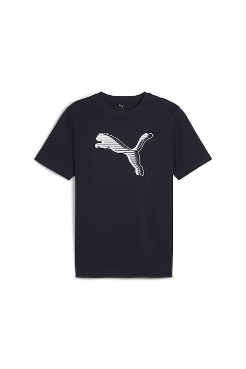 Puma, Tricou cu imprimeu logo si decolteu la baza gatului, Alb/Albastru ultramarin