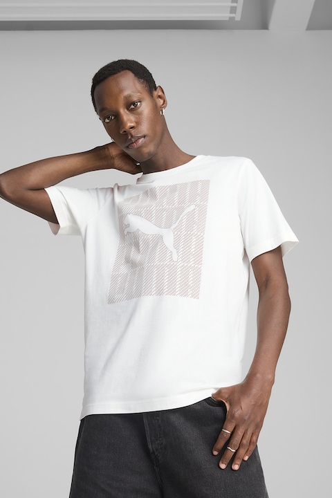 Puma, Tricou din amestec de bumbac cu imprimeu logo, Alb/Maro cognac