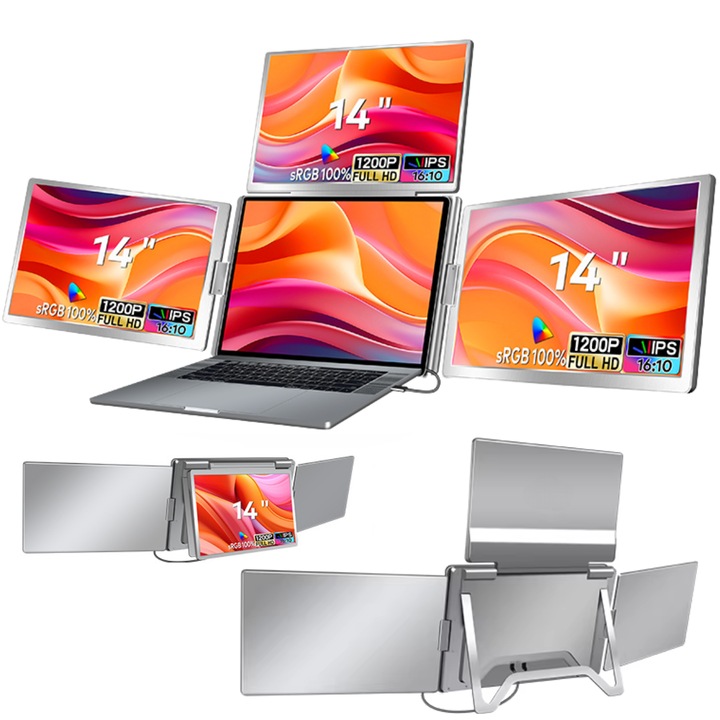 Bővíthető és hordozható laptopmonitor, 3 db 14"-os Full HD 1200P képernyő, 100% sRGB, 360°-ban összehajtható és forgatható monitorok, 13"-17,3"-os laptopokkal kompatibilis négyképernyő, Windows és MacOS, dokkoló teljes munkavégzés multitasking