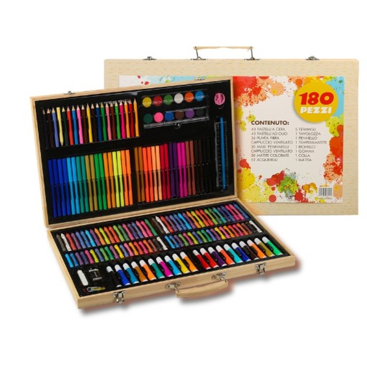Set 180 Piese pentru Desen si Pictura, Servieta din Lemn, Multicolor, 46x30.9x4.1cm