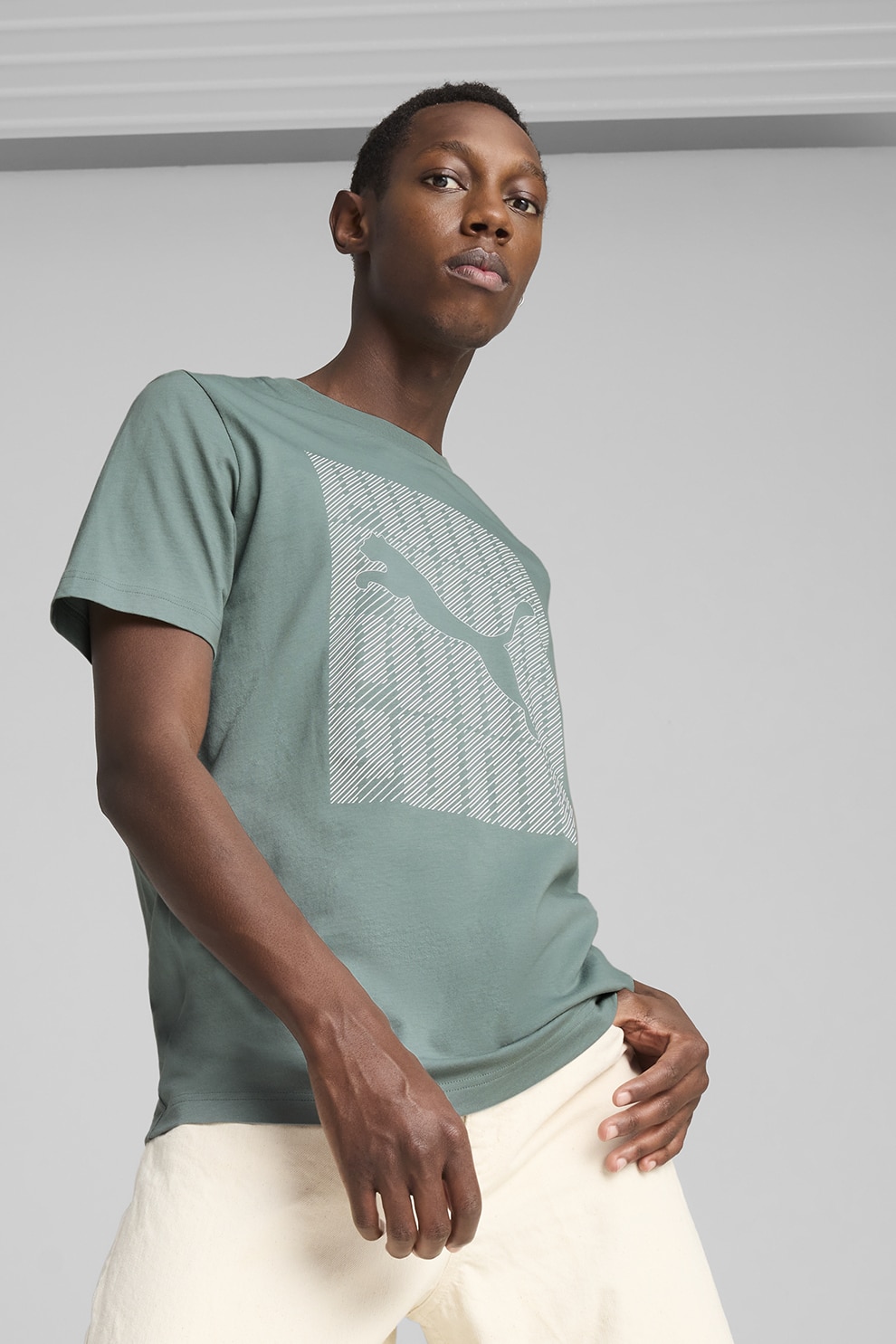 Puma, Tricou din amestec de bumbac cu imprimeu logo, Alb murdar, Verde persan, M