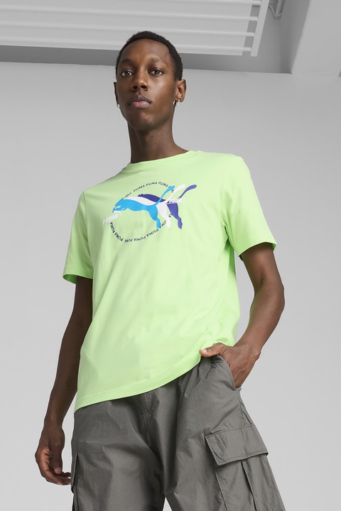 Puma, Tricou cu imprimeu logo si decolteu la baza gatului, Alb/Verde lime/Albastru