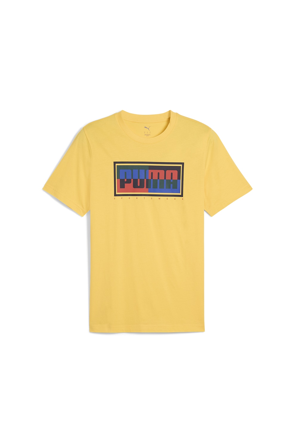 Puma, Tricou din amestec de bumbac cu decolteu la baza gatului, Negru, Galben sofran, Albastru, S