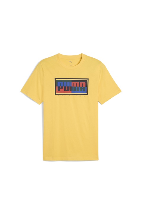 Puma, Tricou din amestec de bumbac cu decolteu la baza gatului, Negru/Galben sofran/Albastru