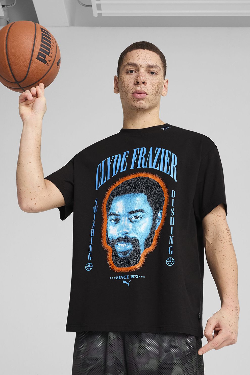 Puma, Tricou din bumbac cu imprimeu si decolteu la baza gatului, Negru, Albastru deschis, XL